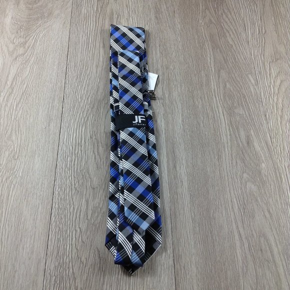 JF J. Ferrar Blue Plaid w Clip Narrow Tie - Picture 3 of 3